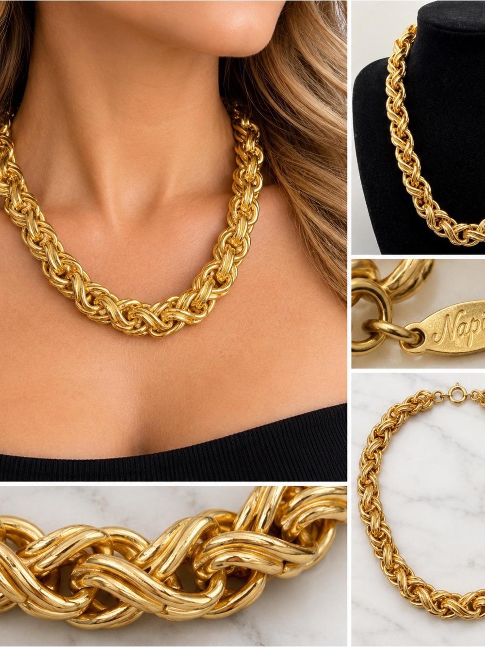 Vintage NAPIER Heavy Gold Tone Braided Rope Chain Necklace 18”